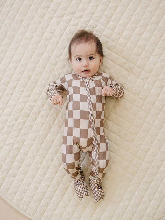 Ribbed Bamboo Zip Romper | Latte Checkered
